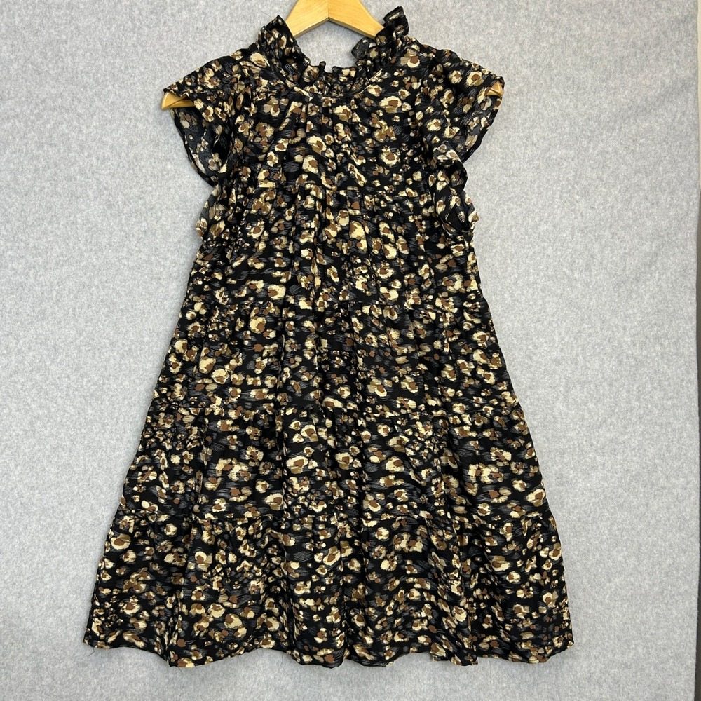 Entro Tiered Mini Dress Black Leopard Print Ruffle Tie Back Neck Boho Size Small